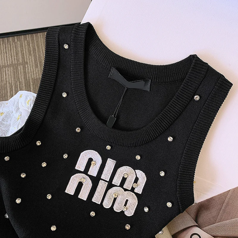 Summer Sexy Sleeveless Vest Women Korean Fashion Inlay Diamond Luxury Designer Slim Fit Knitting Tank Tops Women Camis Clothes