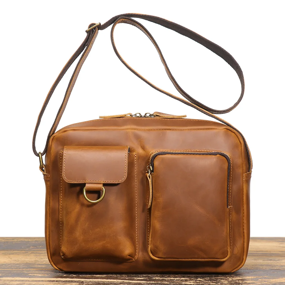 

Men's retro leather shoulder backpack Crazy horse leather leisure travel messenger large capacity iPad bag fashion simple versat