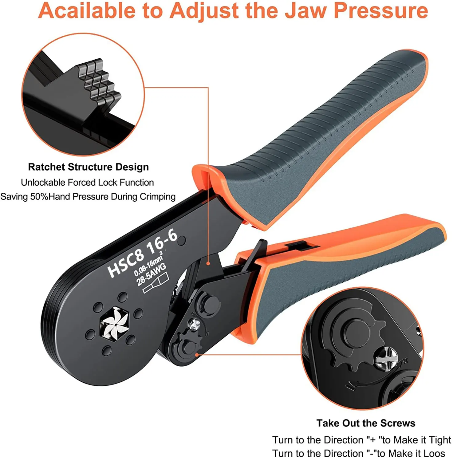 HSC8 16-6 Hexagonal Wire Ferrule Crimper Tool,Self-Adjustable Ratchat Crimping Pliers 0.08-16mm² for  End-sleeves Terminals