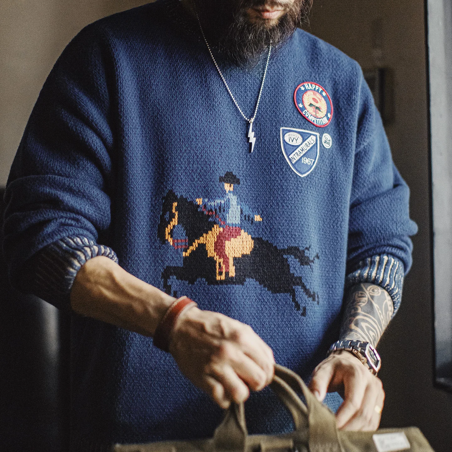 

Maden мужской винтажный жаккардовый пуловер с цветными блоками, трикотаж, осенне-зимний свитер с круглым вырезом для многослойного использования