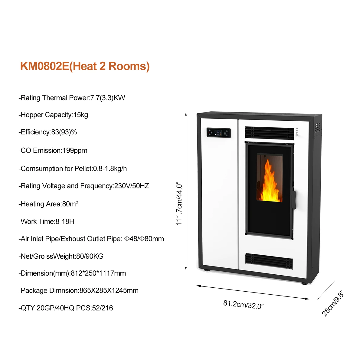 Modern WiFi High-Efficiency Slim  Smokeless Biomass Wood Pellet Stove for 2 Room Use