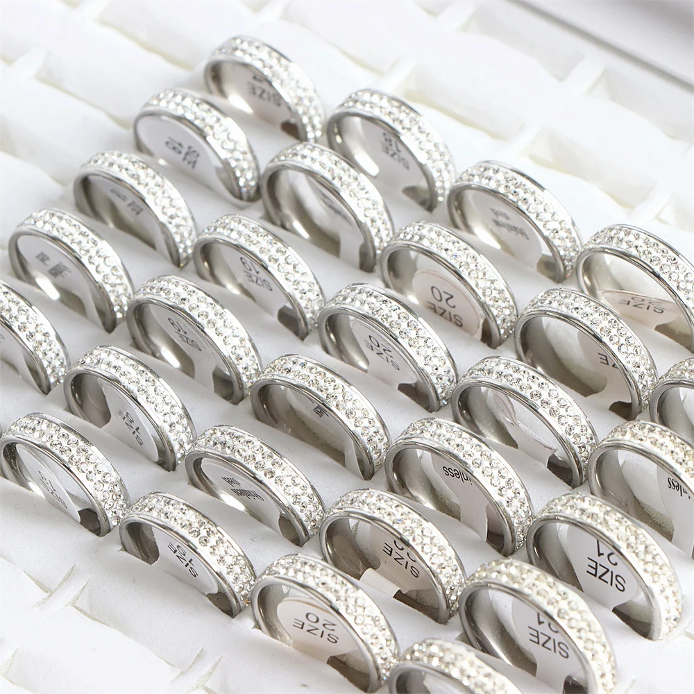 20Pcs/Lot New Fashion Classic Colorful Five Rows Full Rhinestone Stainless Steel Rings Jewelry For Women Engagement Party Gifts