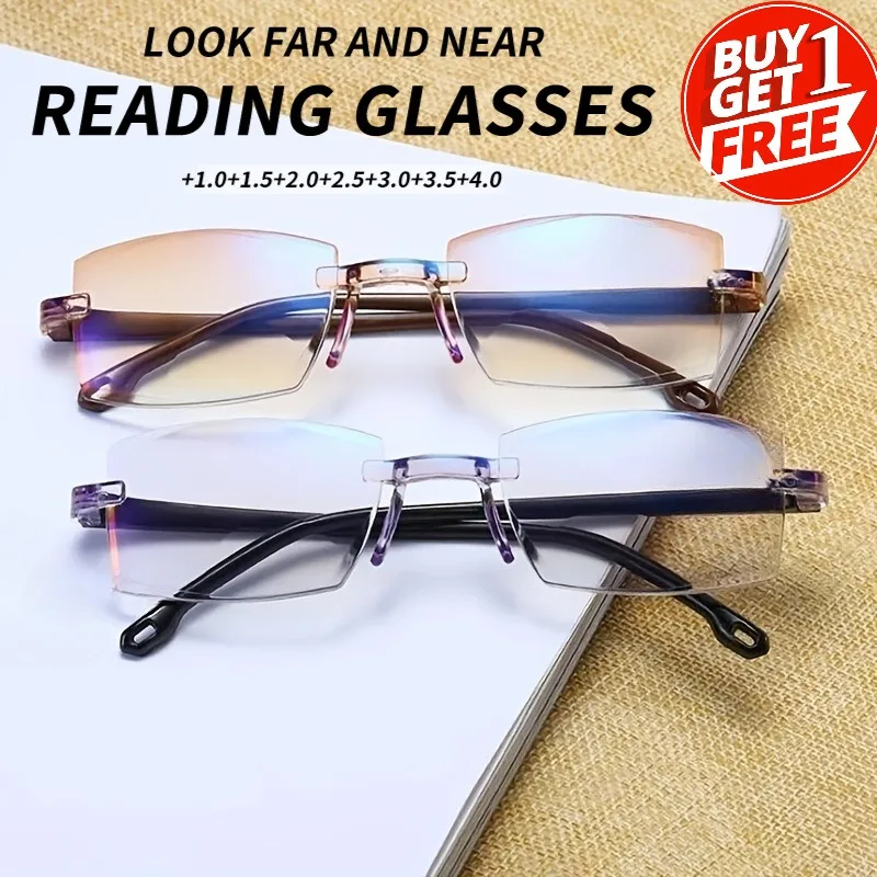 2-teilige rahmenlose bifokale Lesebrille, PC-Objektiv und Rahmen, bifokal + 1,0 bis + 4,0 – stilvoll und bequem, rechteckig