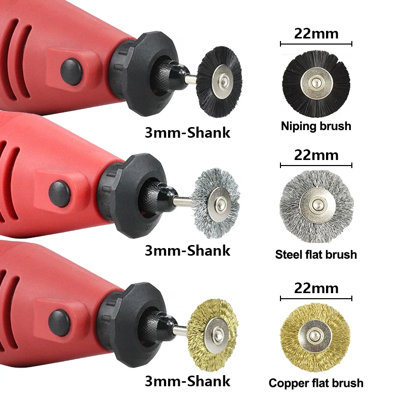 Ckp-금속 연마용 22mm 스틸 와이어 휠 브러시 세트, 3.0mm 생크 로터리 브러시 Dremel 로타리 도구 연마 도구 20 개