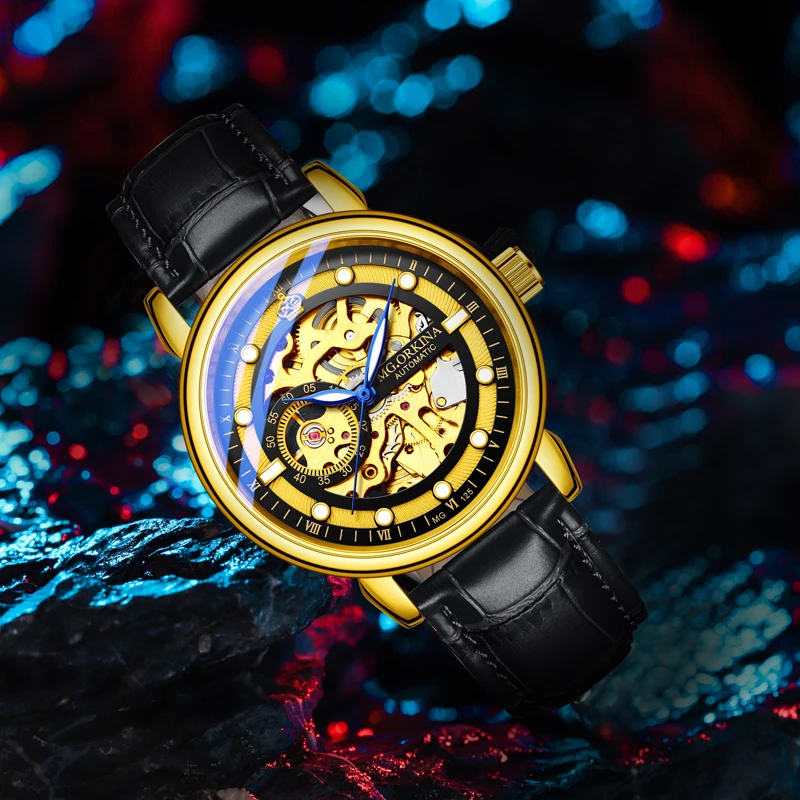 Модные золотые механические часы со скелетом, мужские лучшие брендовые роскошные кожаные автоматические полые наручные часы, кожаные военные часы для мужчин