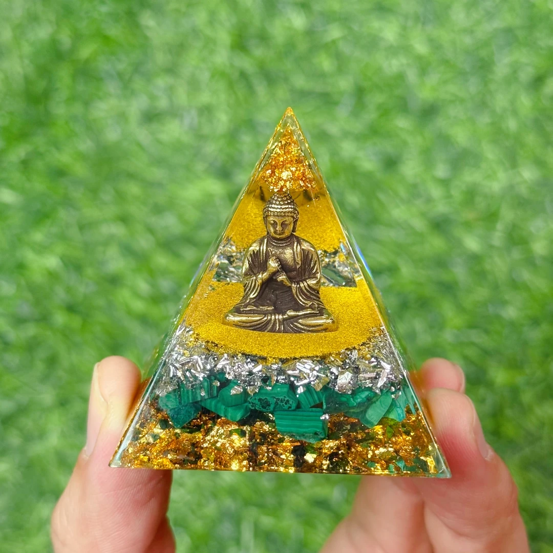1 peça estátua de buda malaquita dourada pirâmide de ogan, pirâmide de cristal decorativa interior, pirâmide de estátua de buda