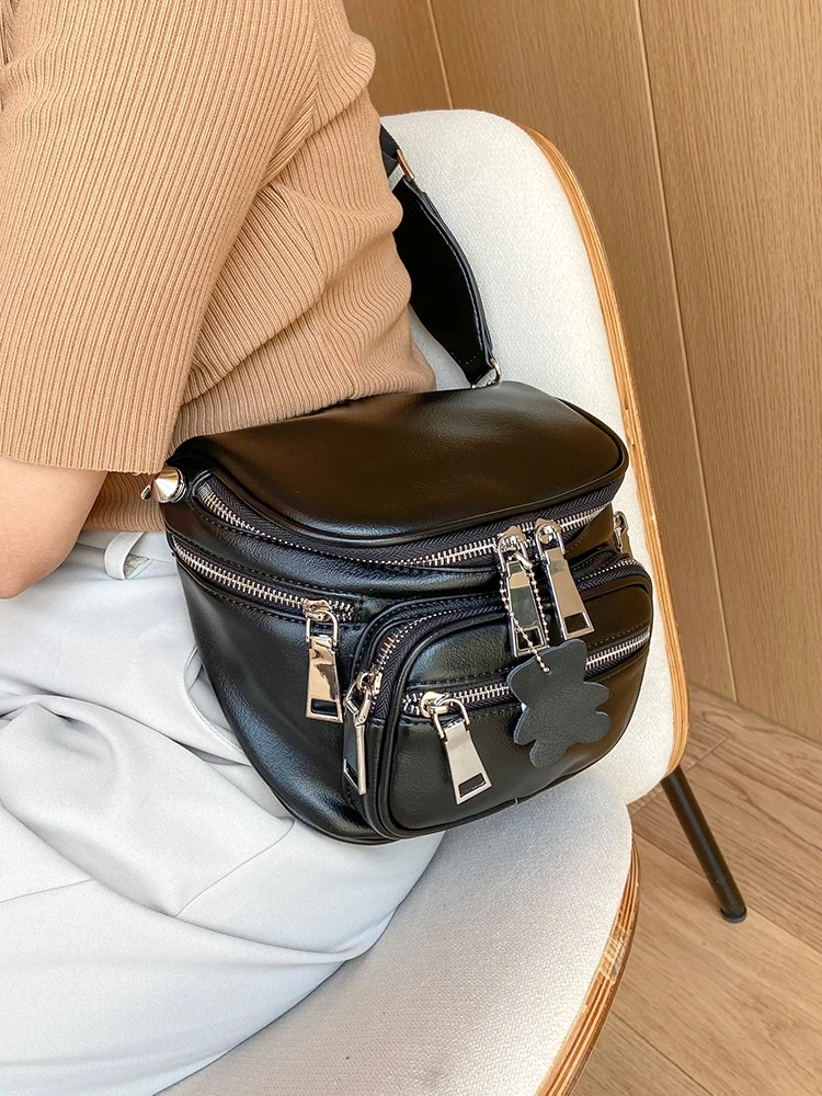 Women Crozzling Bag Fashion Saddle One Shoulder Handle Trend Casual Hasp Zipper PU Material Polyester Inside Lock Ornament Bag