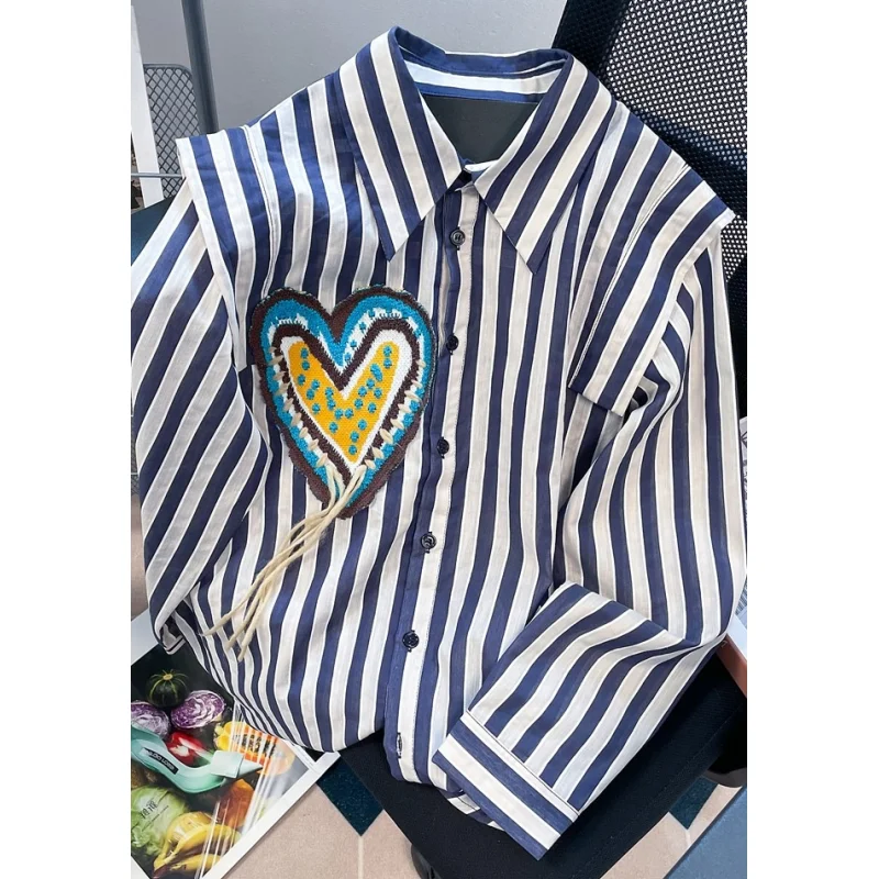 Camisa a rayas azules de primavera para mujer, blusa elegante con diseño bordado, manga larga, Tops informales, camisas Vintage con botones para