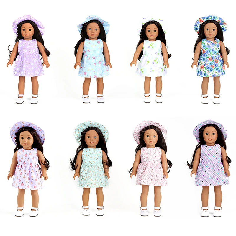 Zestaw sukienek z kapeluszem pasuje do 16-18 cali/40-45 cm Born Baby Doll ubranka Rebirth Doll amerykańska dziewczyna sukienka w kwiaty kapelusz przeciwsłoneczny akcesoria dla lalek prezent