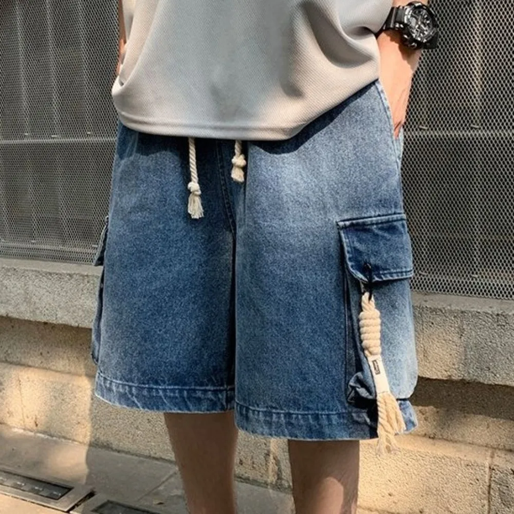 

Уютные джинсовые шорты на шнурке, мужские широкие свободные мешковатые синие короткие джинсы, брюки с высокой талией, джинсовые брюки до колена, унисекс