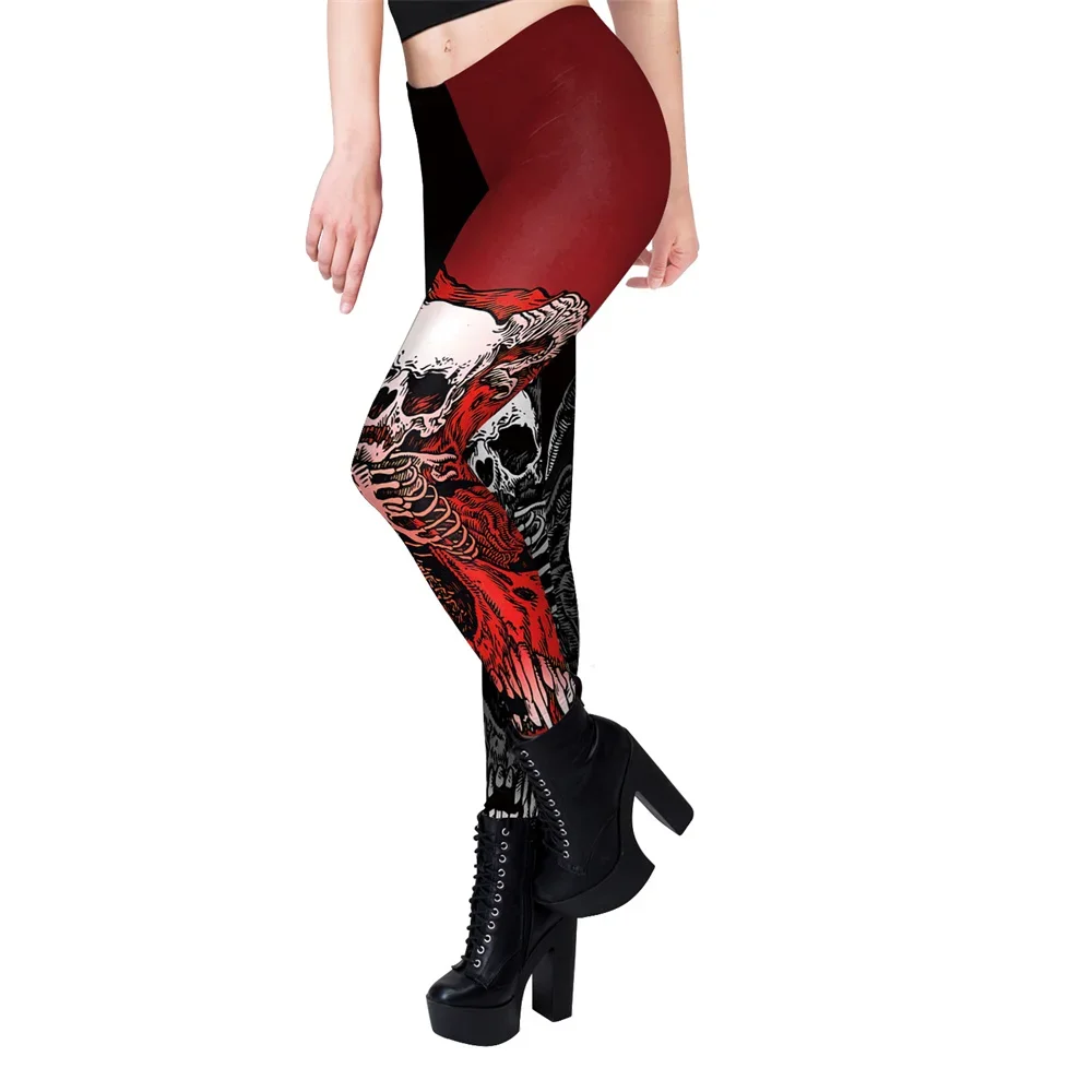 Leggings estampa de caveira de emenda feminino, leggings fitness, push up, stretch, preto, vermelho, sexy, halloween, fêmea