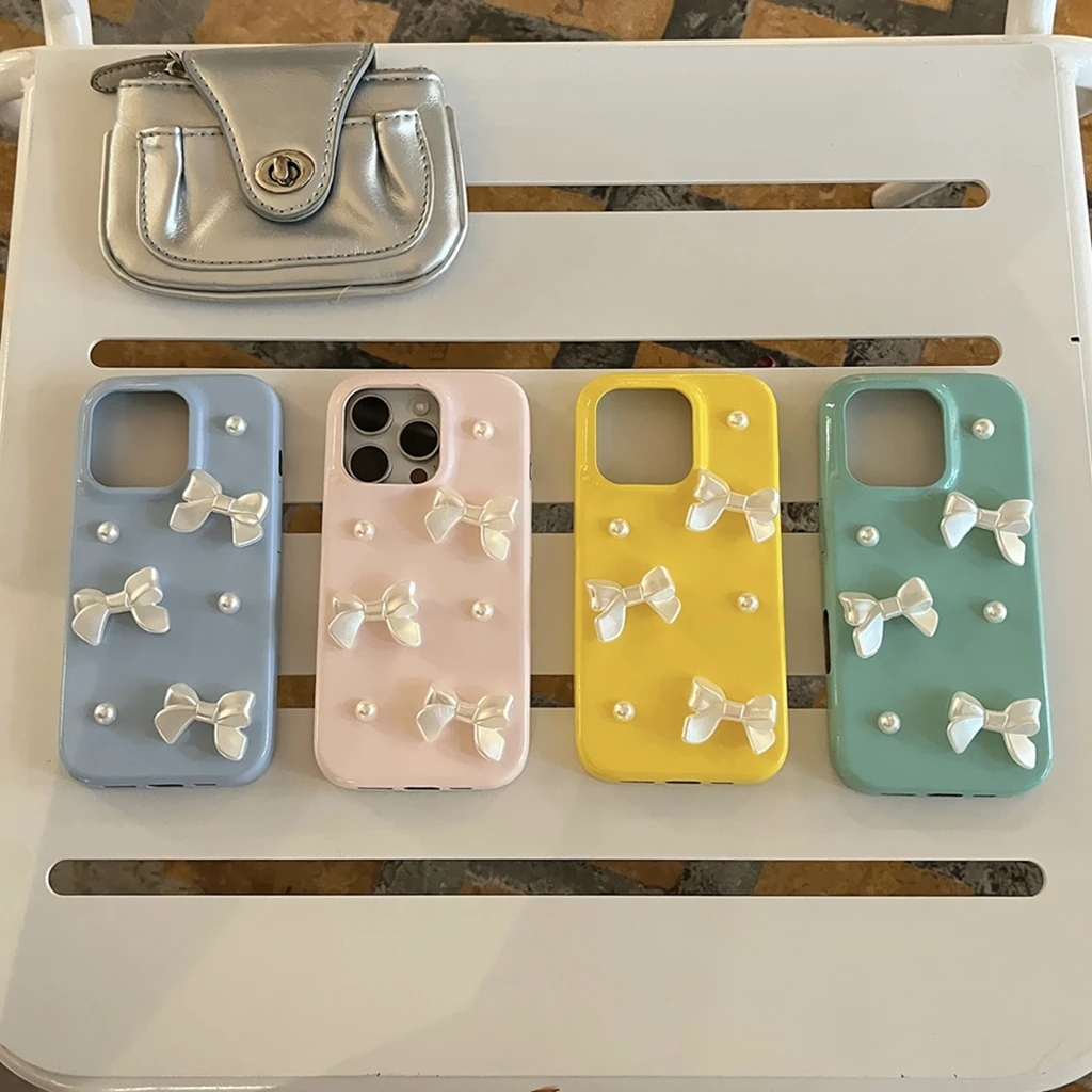 

Противоударный чехол для телефона из серии Temperament Girl ярких цветов с жемчужным бантом для iPhone 16, 15, 14, 13 Pro Max