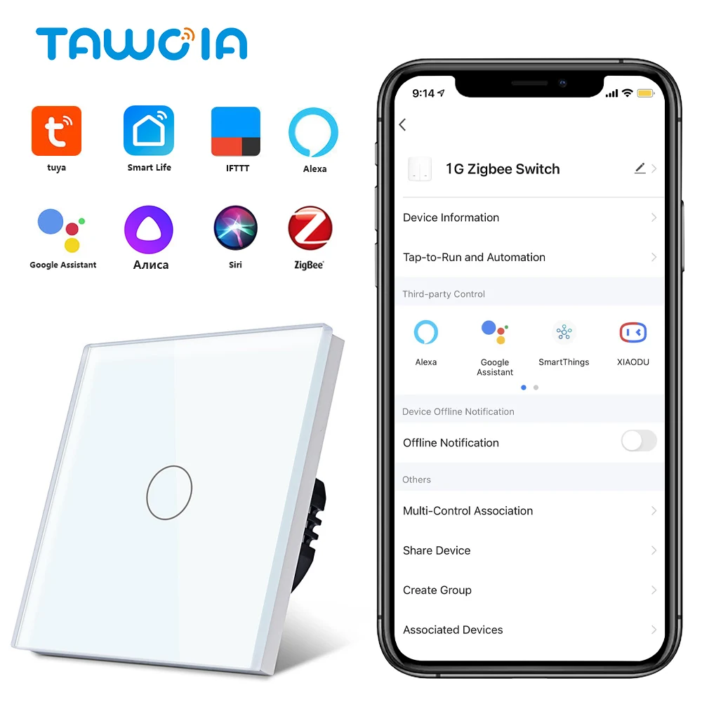 Tawoia Zigbee Touch Switch 1 Gang Light Switch EU Standard Single Live Smart Touch Switch Work With Alexa Google Tuya Smart Life