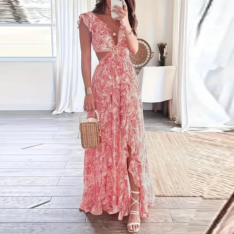 

Elegant Lotus Edge Waist Hollow Dress 2024 Spring Fashion Lady Evening Ruffles Slit Party Dress Sexy V Backless Women Long Dress