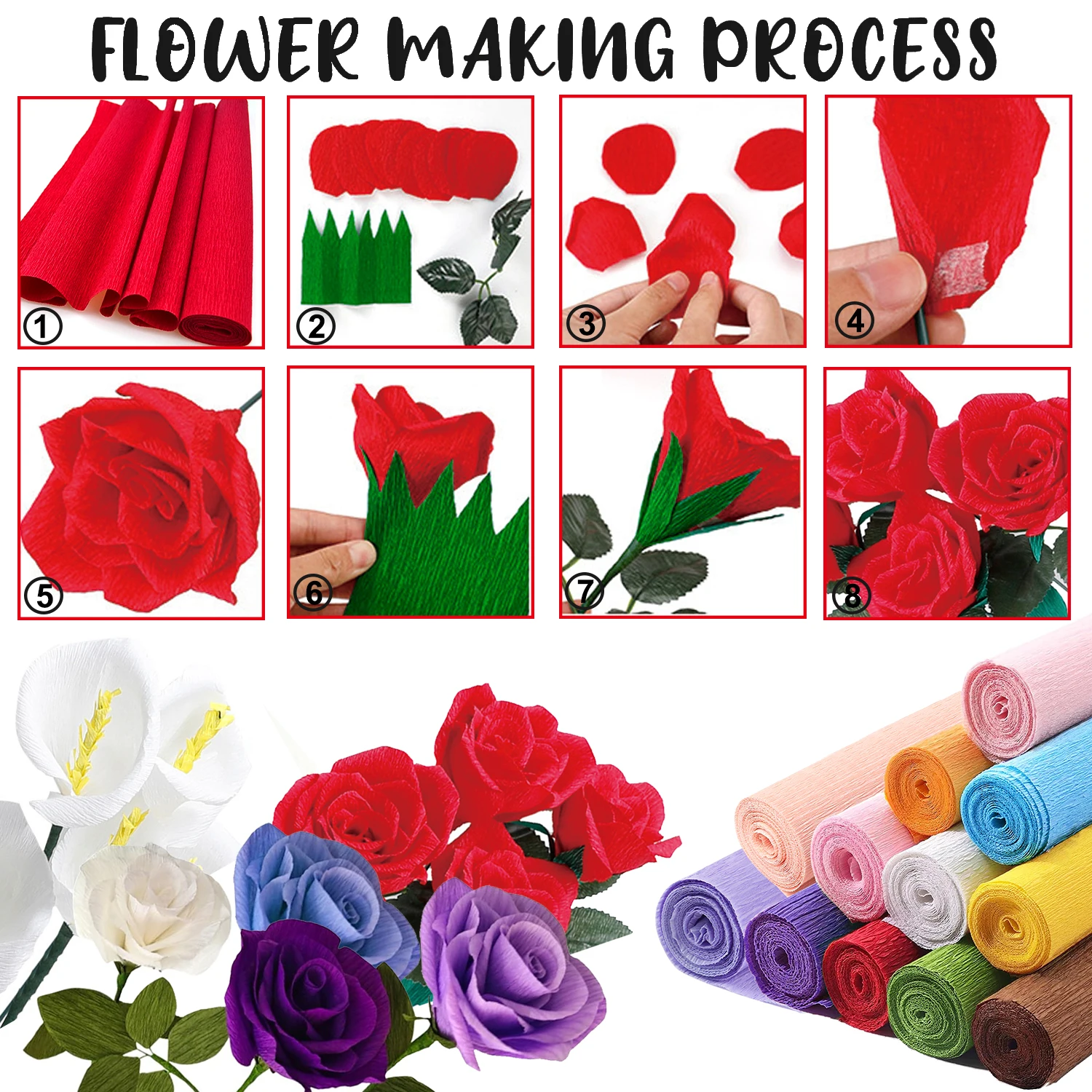 

2 Rolls Colorful Crepe Paper (50x250cm) - Floral Tissue for DIY Craft Flowers, Wires&Tape Included for Wedding/Party Decorations