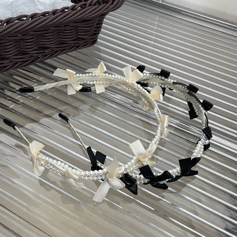 French Cream Black and White Bow Pearl Hairband Girly High-End Forest Sweet Headband Gentle Temperament Hair Accessory