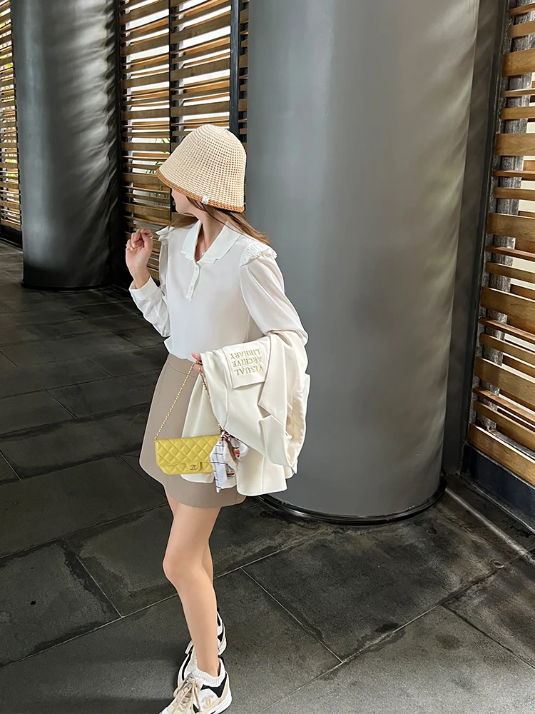 

White Thin irt Women's Design Sense Small ence Double Layer Collar Age Reduction Flng Sve Breathable Smooth irt