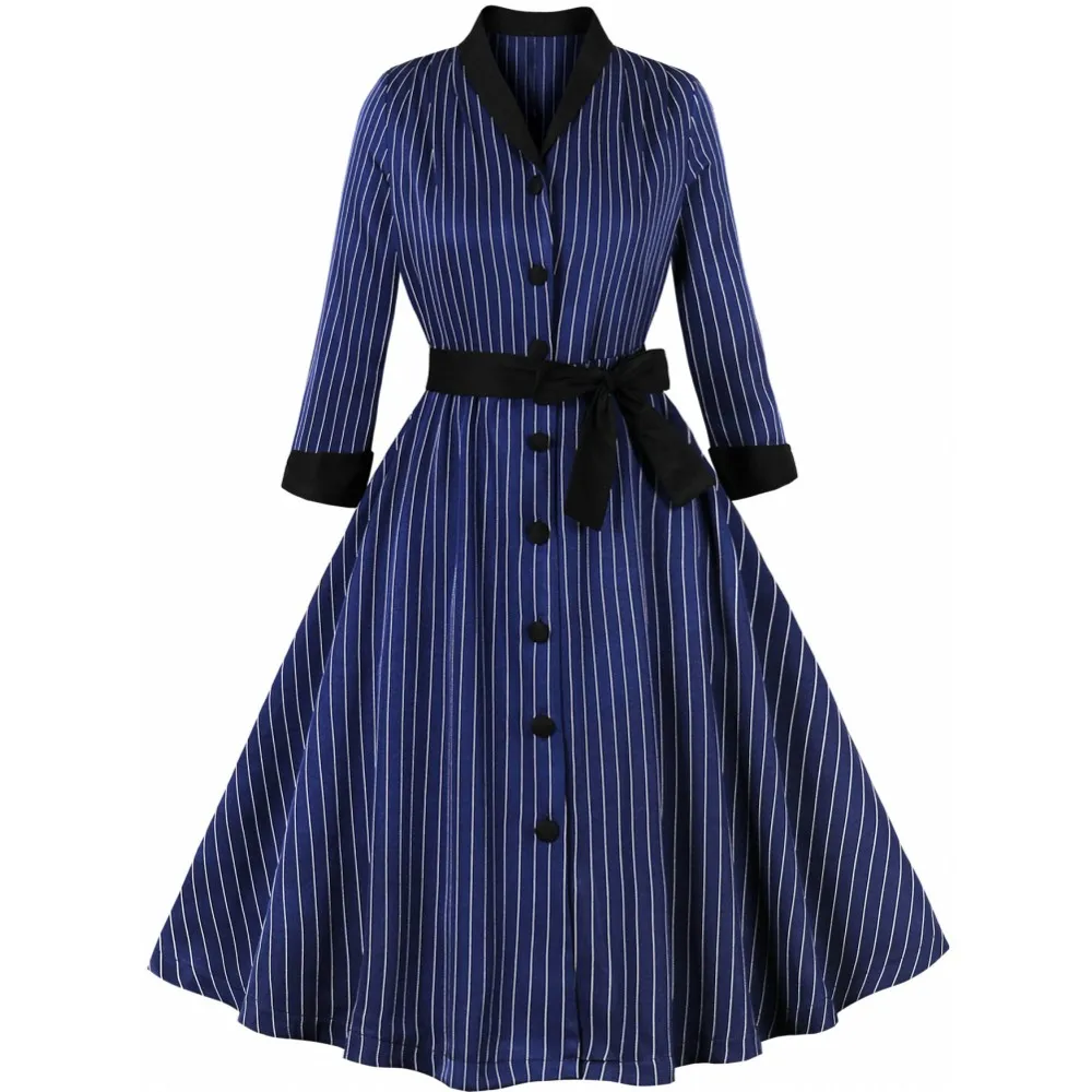 Women Pin Up Stripe Print Casual Party Dress Spring Summer Long Sleeve Retro Robe 60s 50s Vintage Rockabilly Swing Dress Vestido