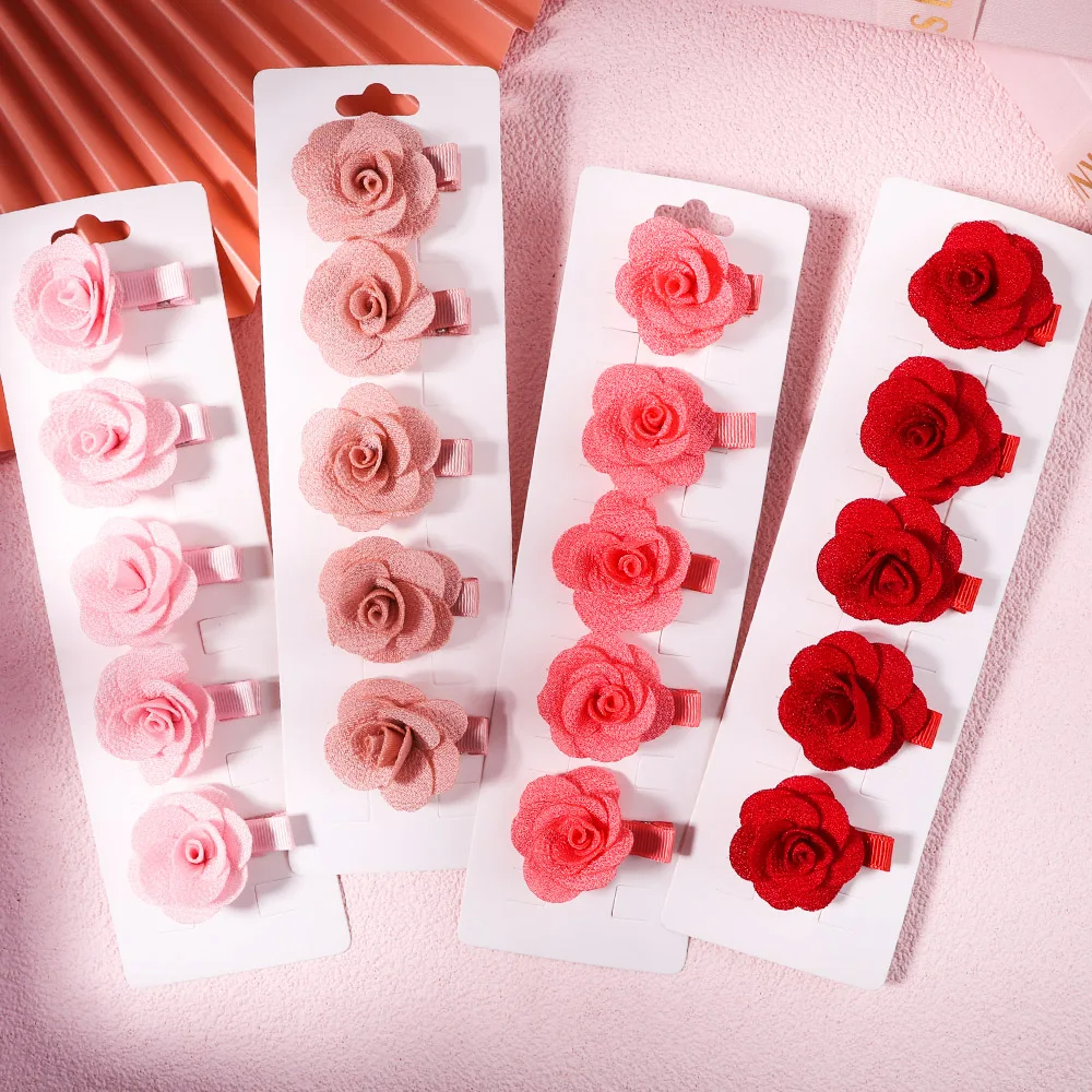 5Pcs/Set Solid Color Sweet Camellia HairClips For Kids Girls Flower Hairpins Covered Safety Clips Headwear Hair Accessories