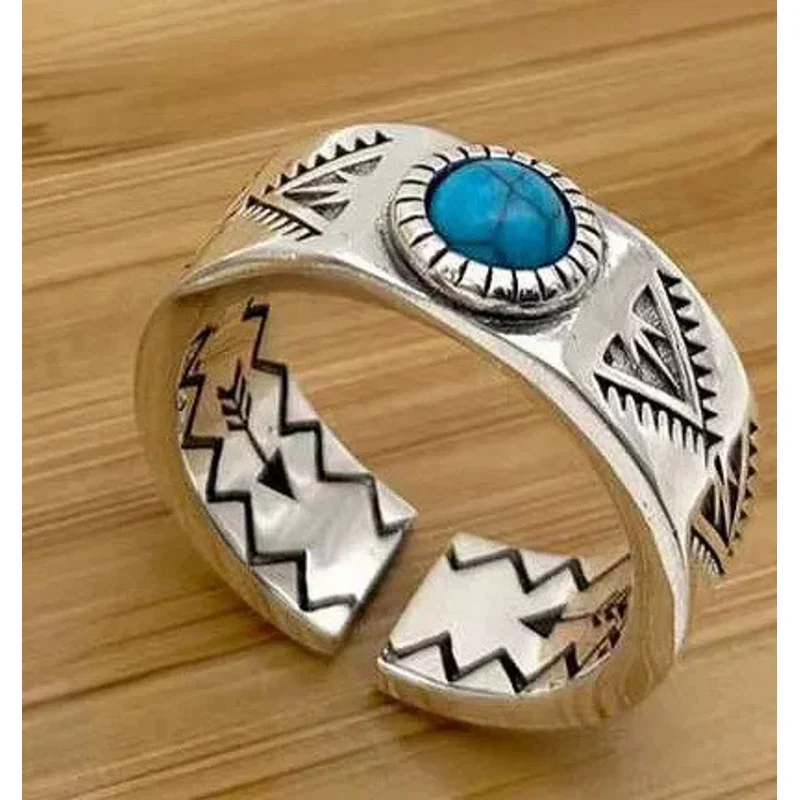 

New 100% Pure S925 Silver Jewelry Retro Punk Inlaid Turquoise Personality Trend Men And Women Rings Valentine's Day Gifts