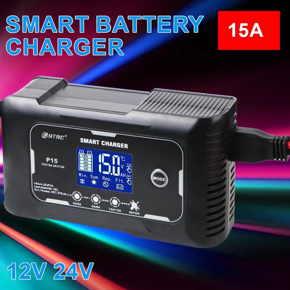 Smart Battery Charger LCD Display High Power for Lifepo4 AGM Lead-Acid Lithium Batteri Automatic 240W 15A Automatic Pulse Repair