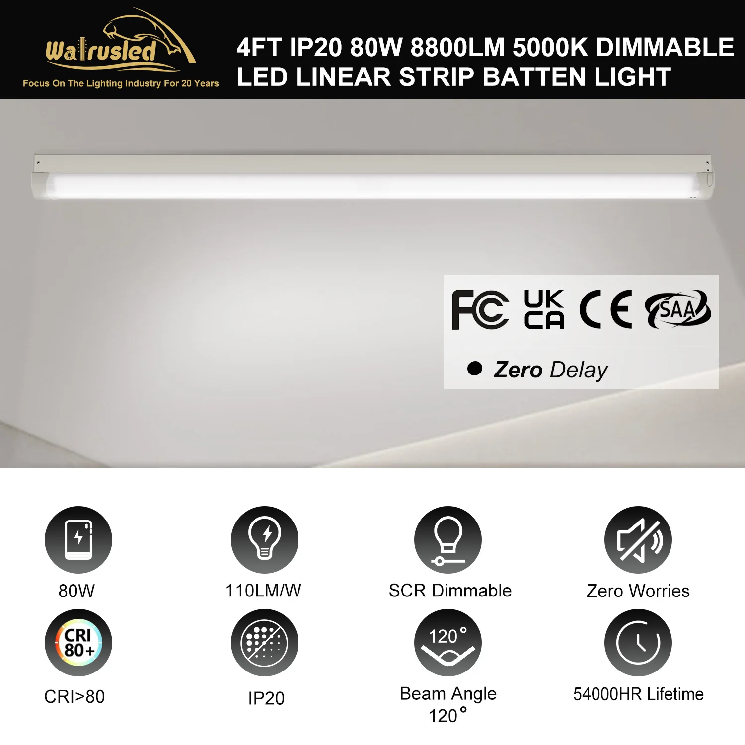 48 Inch 80W LED Linear Strip Stairwell Light Fixture 8800lm 5000K IP20, SCR Dimmable 4 Foot Grade Indoor Shop Ceiling Lights FCC