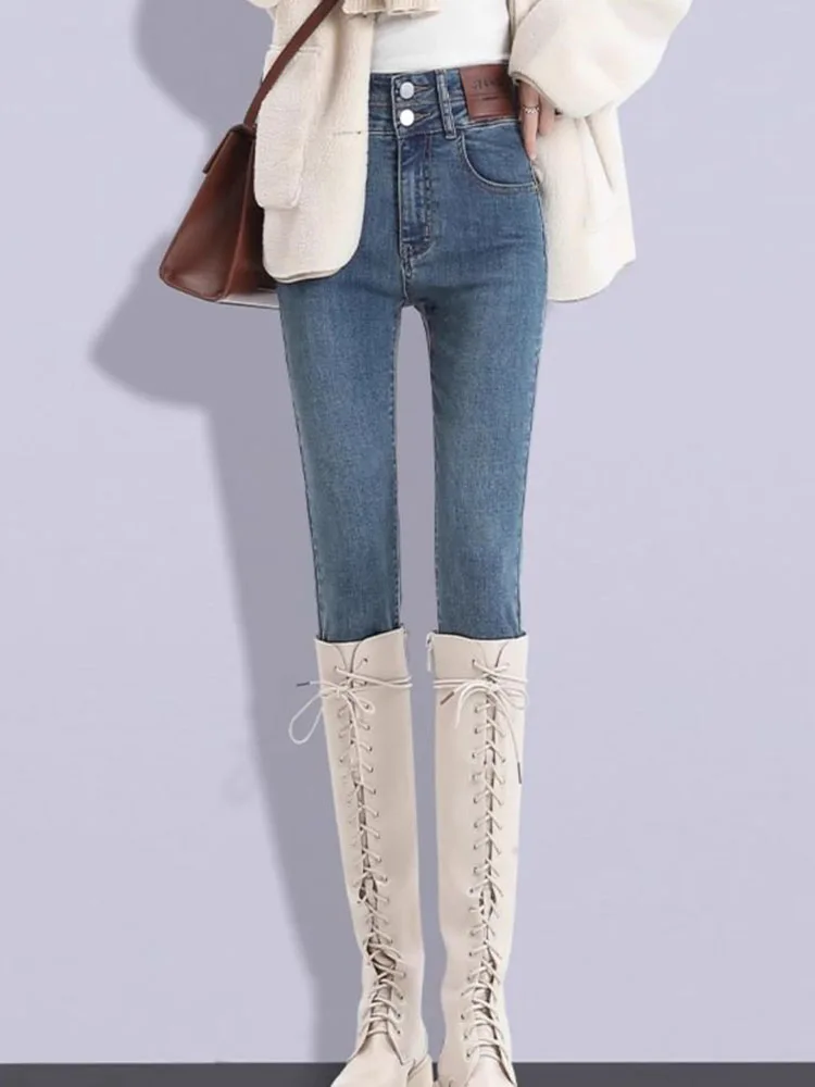 Korean Design Vintage Skinny Pencil Jeans Women Stretch High Waist Plush Velvet Lined Denim Pants Winter Warm Thicken Vaqueros