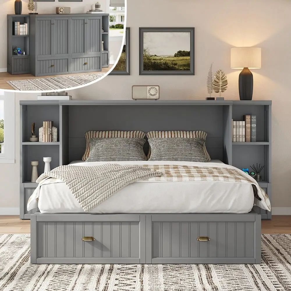Full Size Murphy Bed with Bedside Tables, Foldable Cabinet with 3 Storage Drawers amp Charging Station, Farmhouse Hideaway Bed