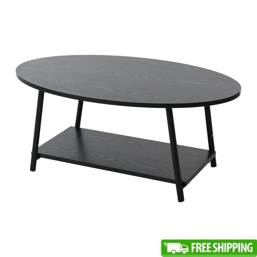 

Oval Coffee Table with Storage Shelf Black Oak Wood Grain Durable Engineered Wood Modern Design Lightweight Easy Assembly Indoor