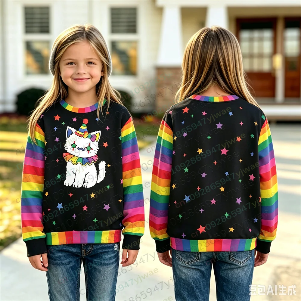 Harajuku Cat Clown Sweatshirt Funny Cartoon Colorful Cutecore Kitty Kawaii O-Neck Hoodie Autumn/Winter Children'S Adult Hoodie