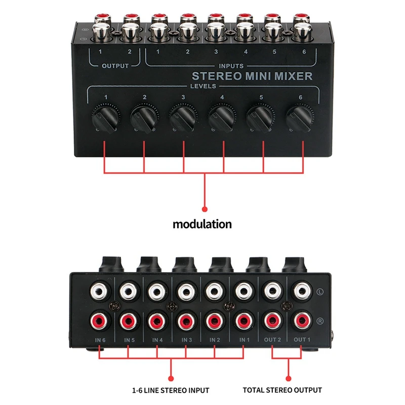 خلاط صوت صغير ستيريو سلبي ، خلاط صوت محمول ، ضوضاء منخفضة للغاية ، استوديو مباشر ، سهل الاستخدام ، إدخال RCA ، 6 قنوات