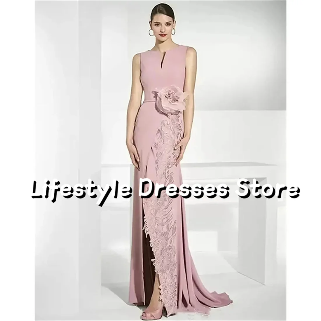 

Flower Lace Applique Long Mother Of The Bride Dresses Mermaid Pink Sleeveless Evening Dress Wedding Guest vestidos de festa