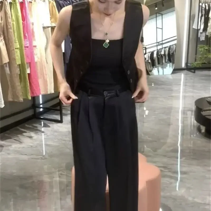 Nova moda cetim feminino conjunto de duas peças verão elegante rendas retalhos arco sem mangas jaqueta superior + cintura alta calças largas perna terno