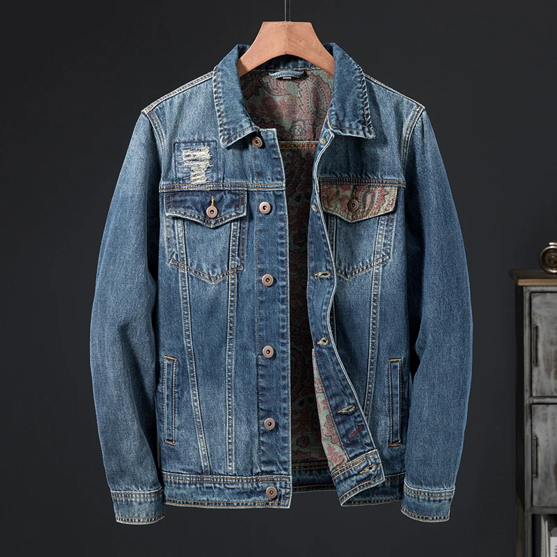 

Fall Denim jacket men's fashion trendy vintage print washed loose Street lapel casual jacket