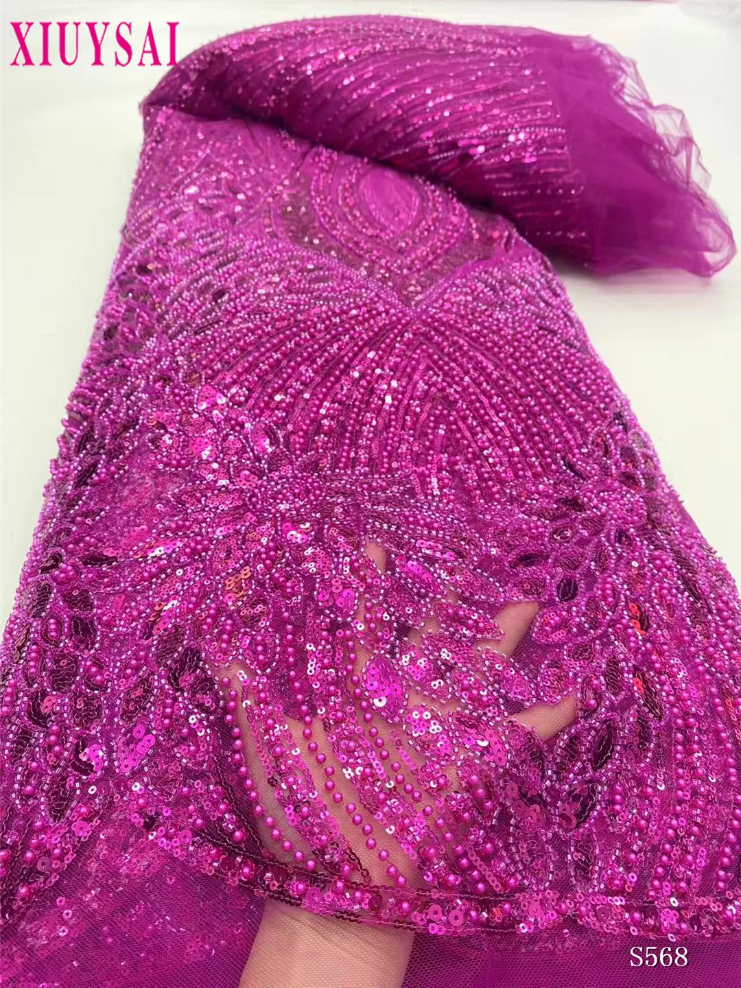 

5 Yards Luxury High-end Beaded Fabric Heavy Sequins Embroidery Fabric Fashion French Tulle Mesh Lace Fabric for Wedding