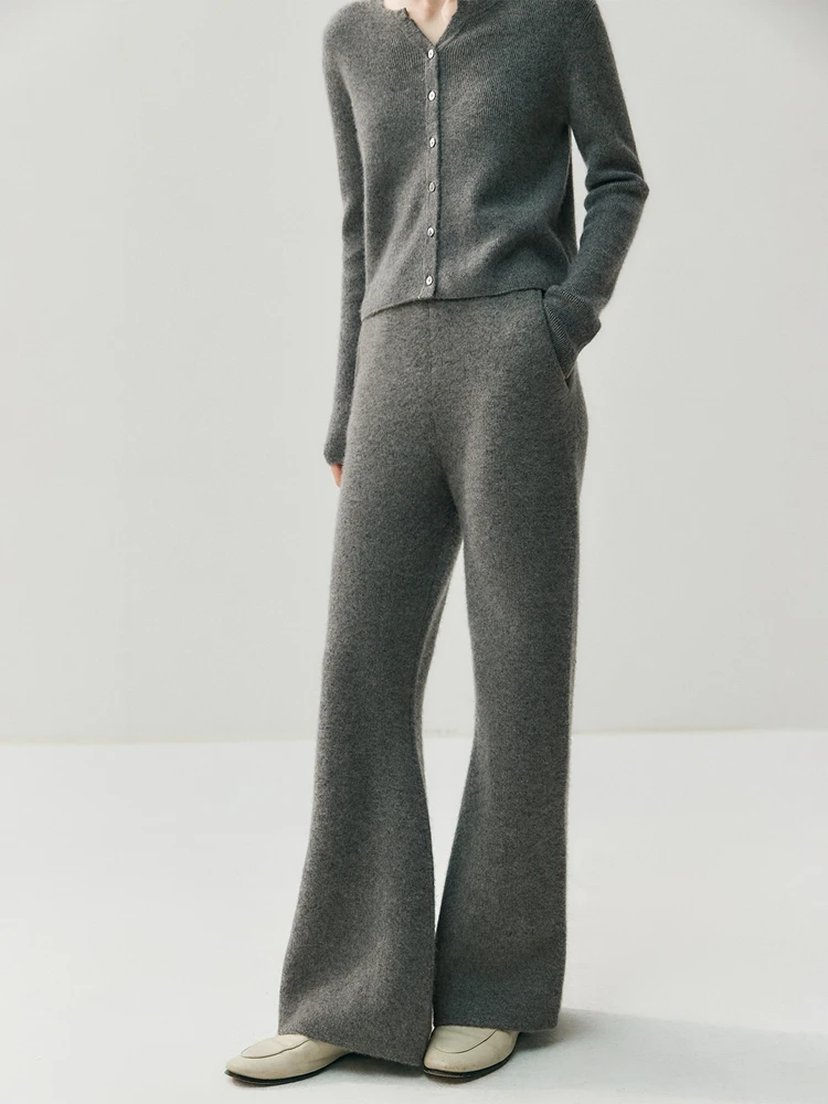Women's Cashmere Long Pants Slightly Flared Legs Thickened Autumn Winter Warm 100% Cashmere Knitted Casual Long Pants