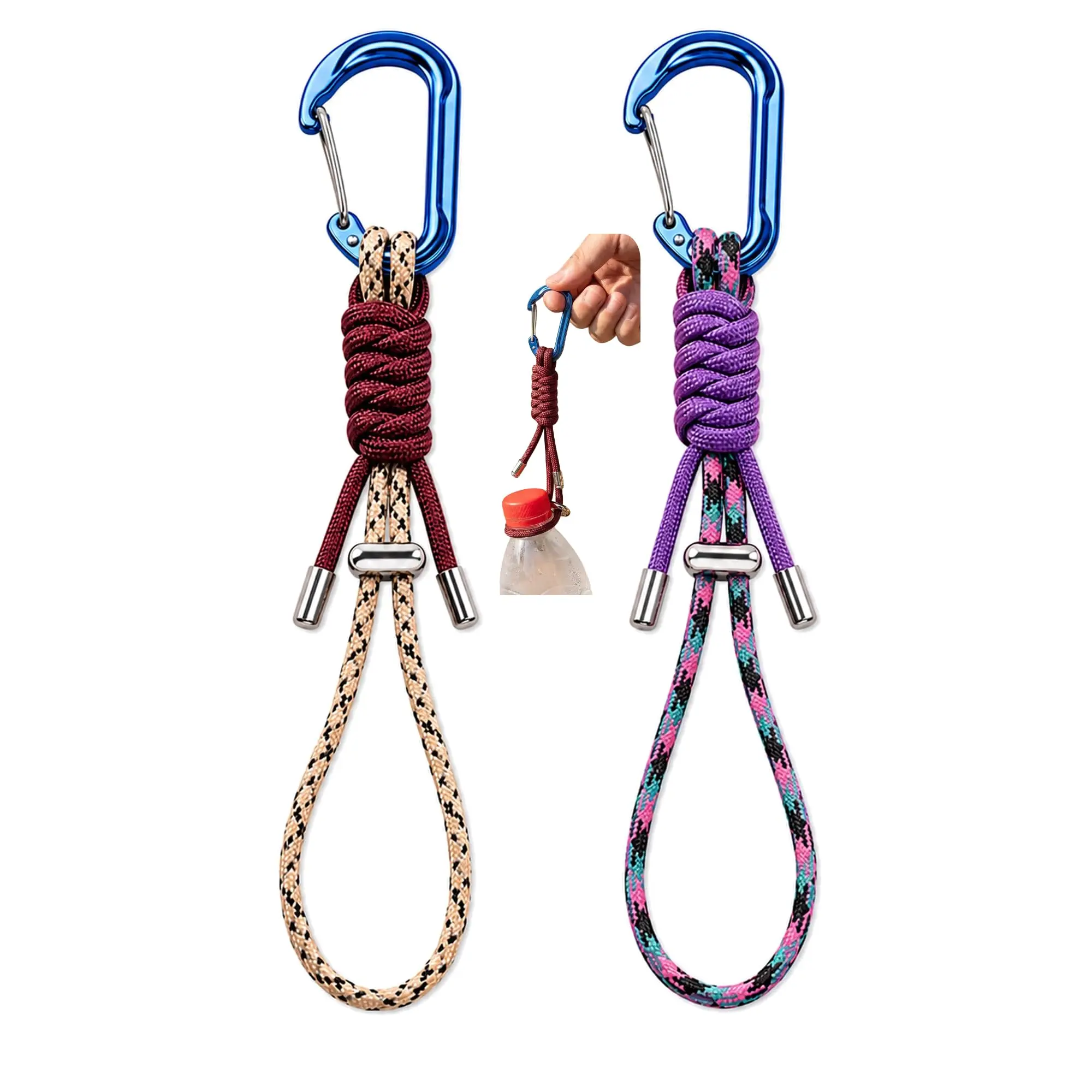 2 Pack Water Bottle Holder with Paracord Carabiner Clip, Adjustable Cinch Lanyard for Backpack Hiking Camping
