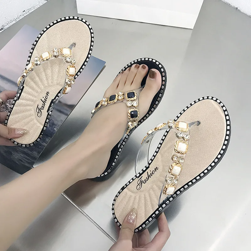 Shoes Woman Spring Summer 2023 Thong Flat Flip Flops Rhinestone Fashion Comfortable Opened Toe Luxury Sandals Women Designers