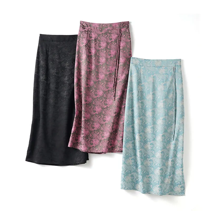 

High Quality New Chinese Style Jacquard Satin Skirt Women's Half Elastic Waist Long Summer