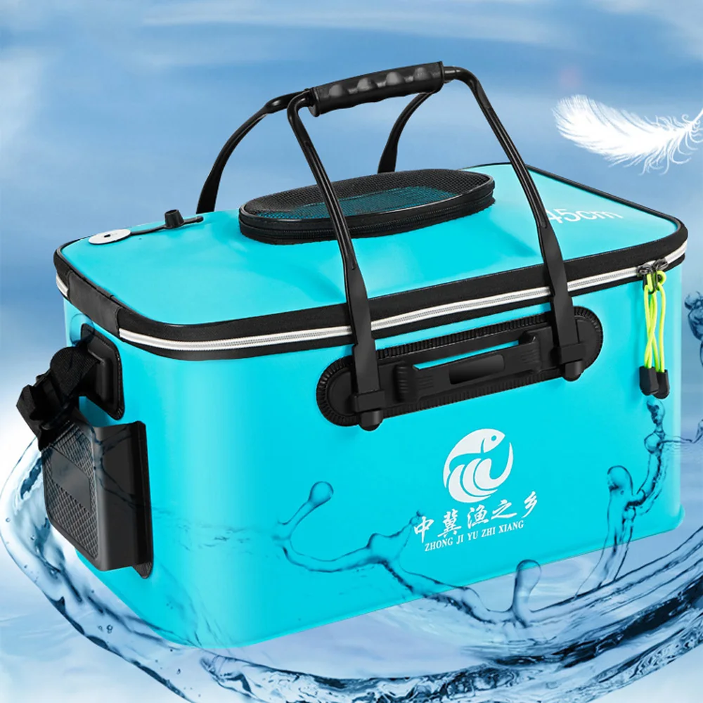 Tragbare EVA-Verstärkte Wasserdichte Reißverschluss-Angelbox Faltbare Tasche für Lebende Fische, Angelausrüstung mit Schultergurt – Detail 9