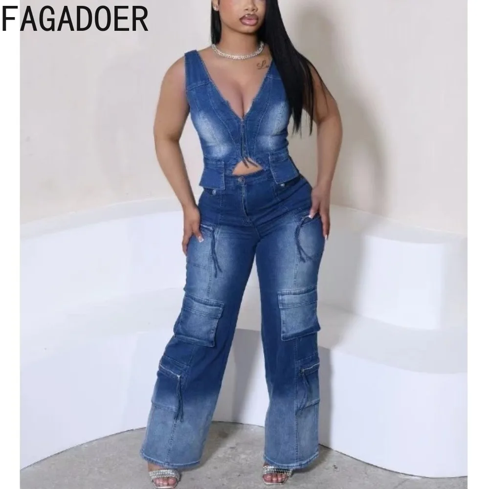 FAGADOER Retro Dark Blue Fashion Denim Wide Leg Pants Two Piece Sets Women V Neck Zipper Irregular Tank Top And Pants Outfits