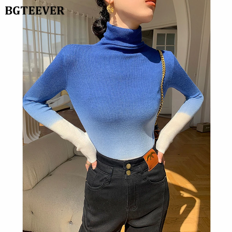 BGTEEVER Autumn Stylish Turtleneck Sweaters for Women Long Sleeve Slim Gradient Knitted Pullovers Female Winter Warm Knitwear