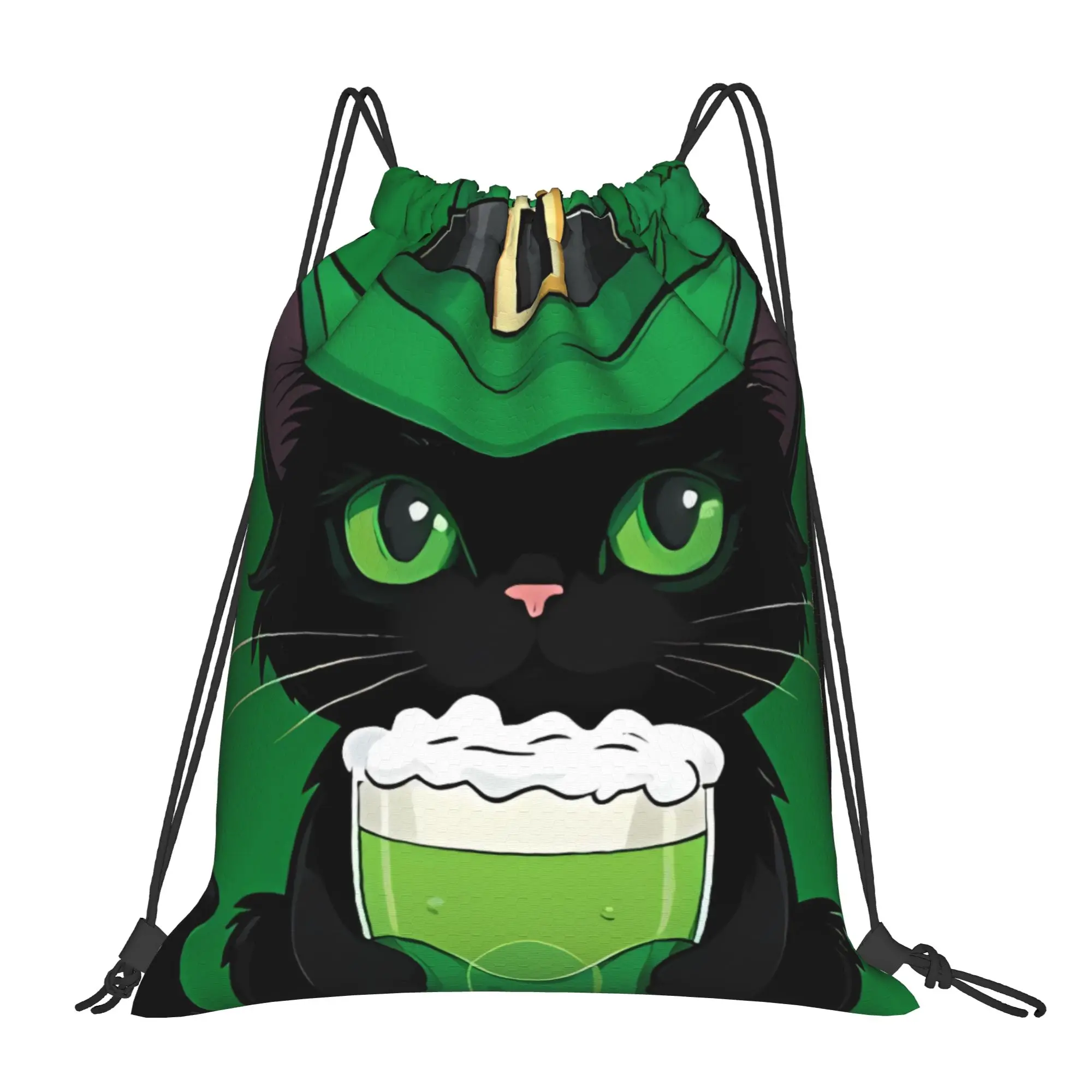 St Patricks Day Paws And Cat With Green Hat And Beer Portable Hiking Riding Gym Drawstring Storage Sporty Backpacks