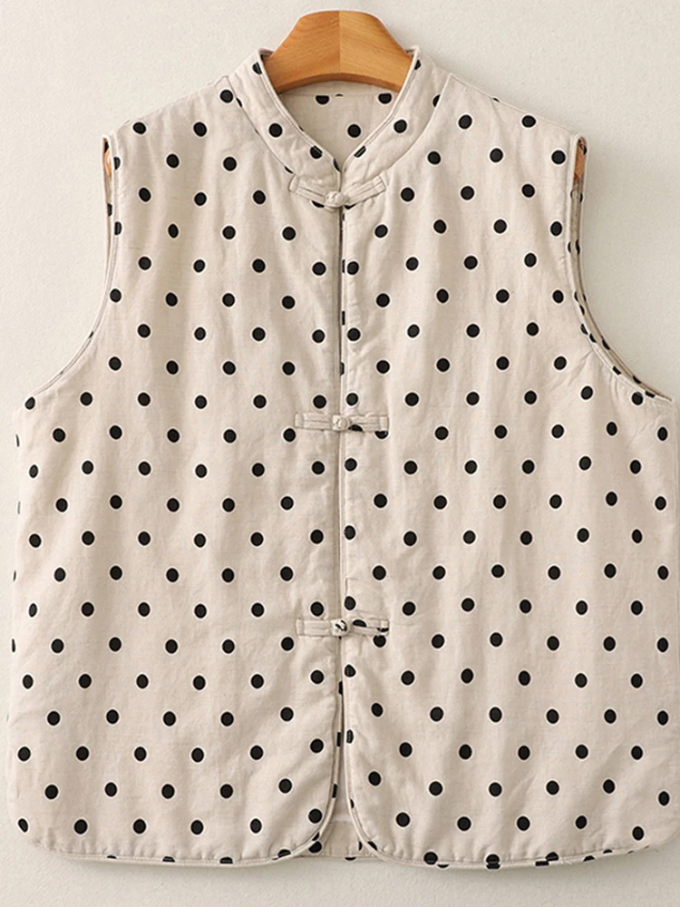 

Новая китайская хлопковая блузка на пуговицах, женская зимняя теплая жилетка 2024, пальто в горошек