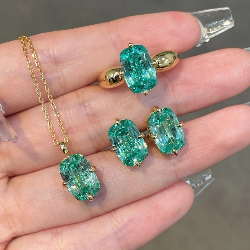 Bellux TK high-quality S925 silver synthetic gemstone fresh summer green tourmaline earring ring necklace jewelry set