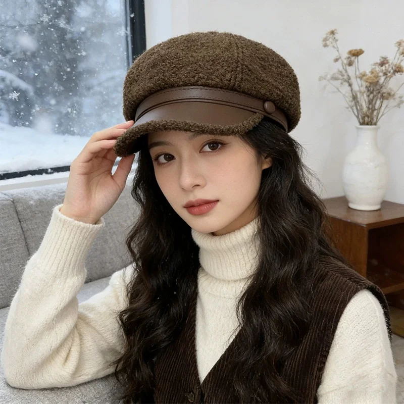 

Восьмиугольная шапка из овчины и флиса для женщин, теплая и стильная зимняя шапка художника из искусственного меха, универсальная кепка газетчика