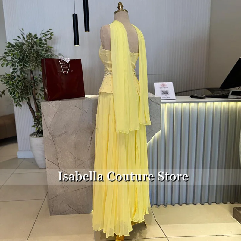 2ピースイブニングドレスアラビアンパーティードレスカスタマイズされたストラップレスノースリーブクリスタルパールプリーツプロムドレスケープ付き