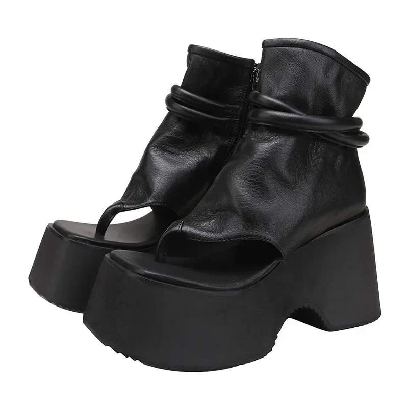 Summer New Slim Wedges Platform Flip Flops Sewing Cut Out Narrow Band Genuine Leather Women Ankle Short Gladiator Boots - view 4