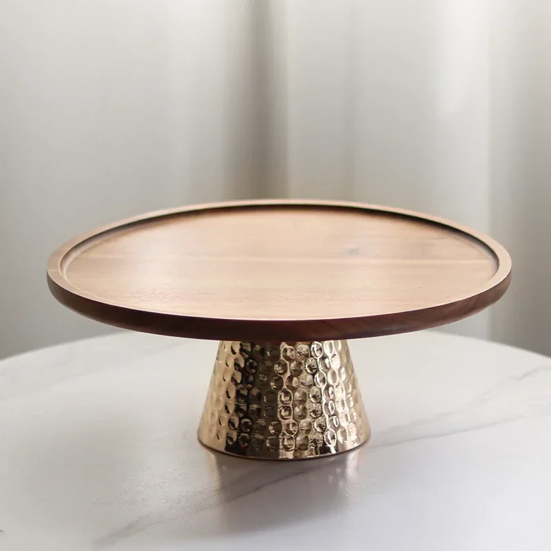 

Light Luxury and High Feet Metal Hammer Base Fruit Bowl Ornaments Home Solid Wood Cake Dessert Display Tray Decorations Plate