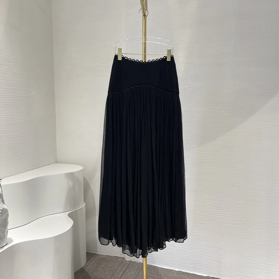 

2024 New Spring Summer Black High Waist Pleat Women Casual Long Skirt